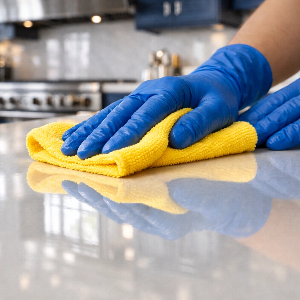 Professional cleaner polishing a modern kitchen island as part of a detailed weekly house cleaning in Franklin.