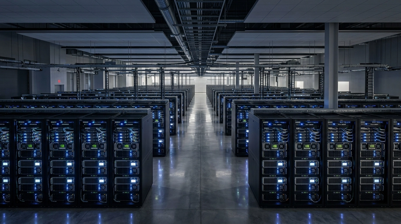 A professional, high-angle wide shot of a modern enterprise data center interior. Rows of high-density server racks filled with NVIDIA H100 and B200 GPU nodes.