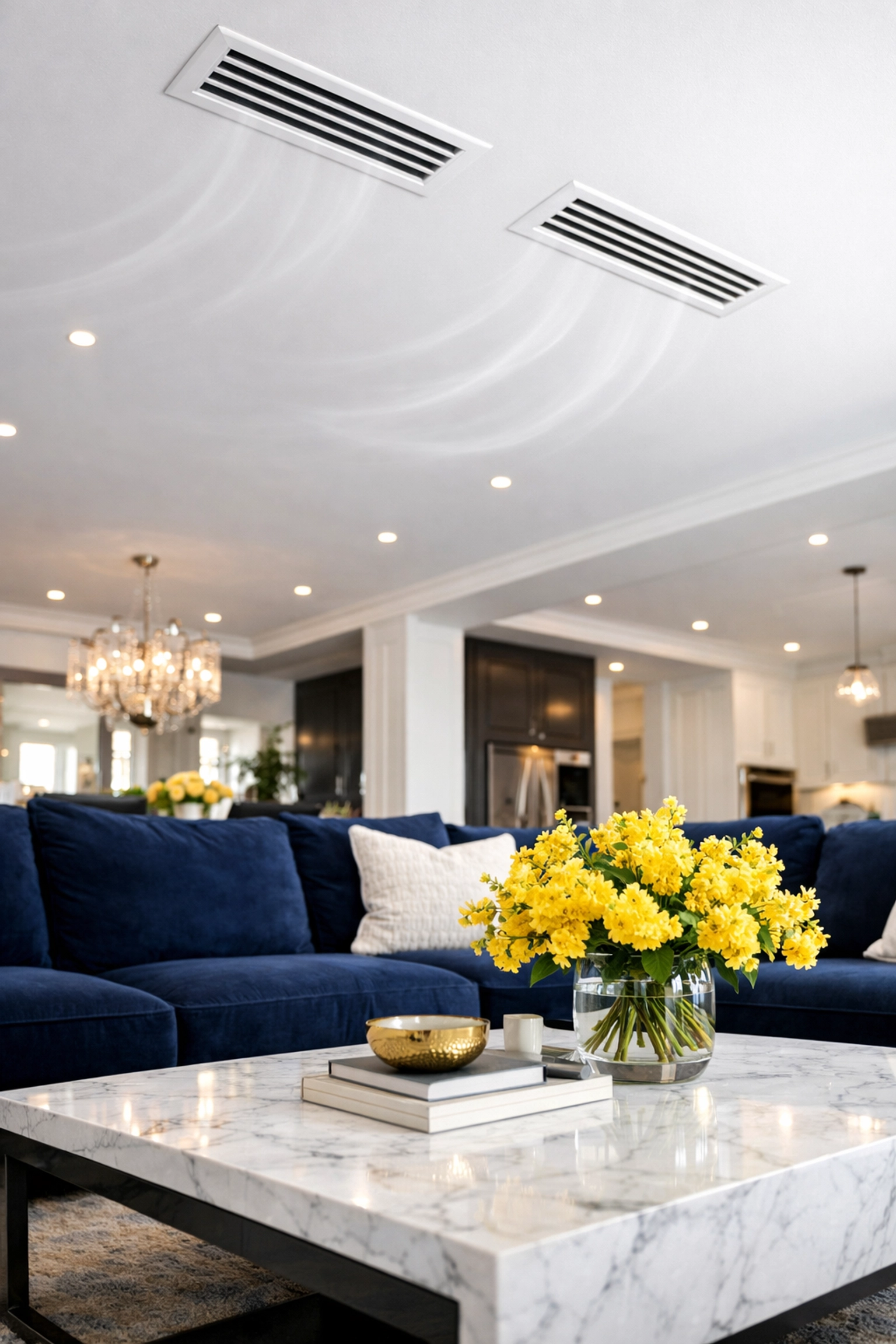 A luxury dust-free living room featuring clean ceiling vents and fresh indoor air quality.