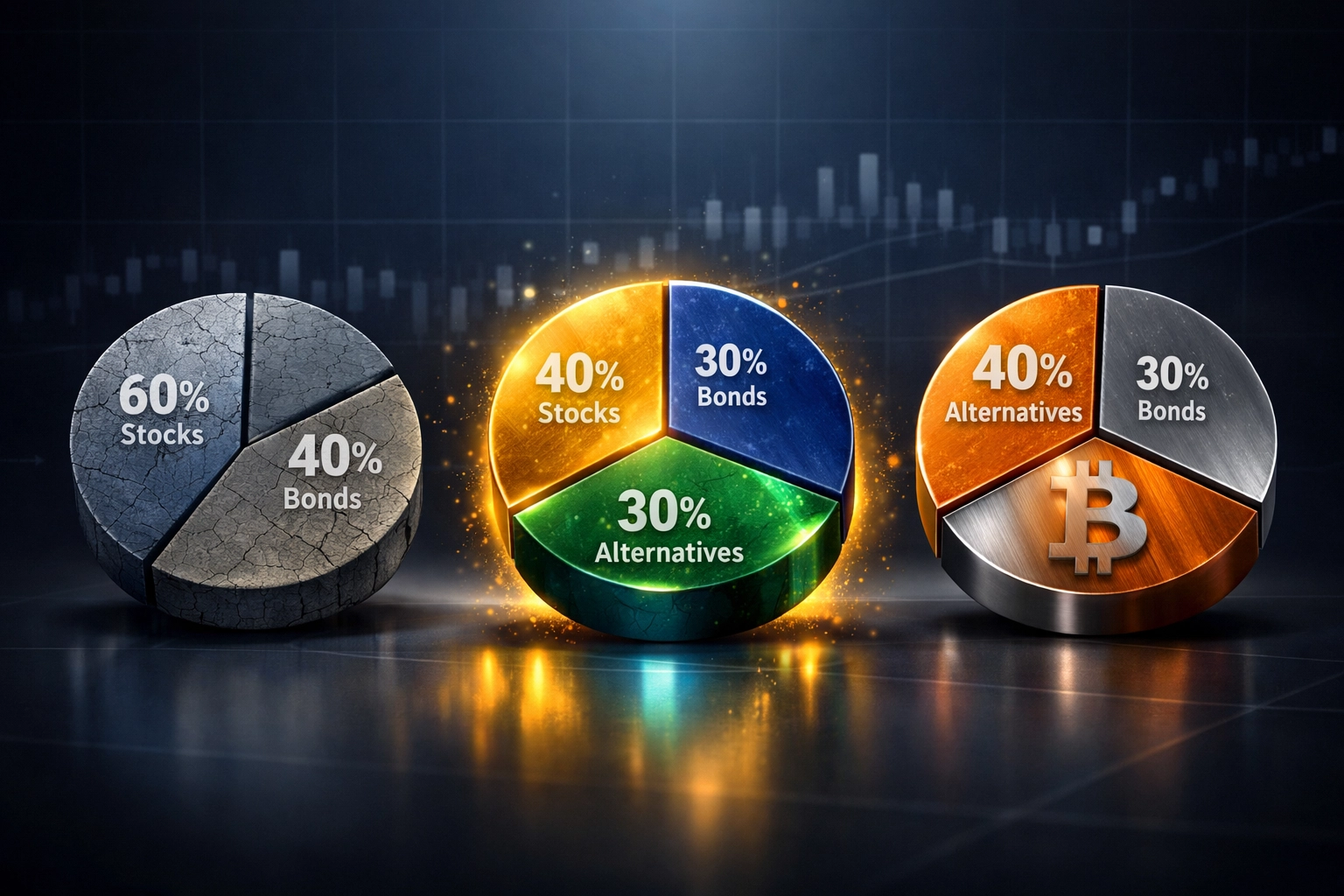 Comparison of 60/40 portfolio versus modern 40/30/30 framework with Bitcoin integration