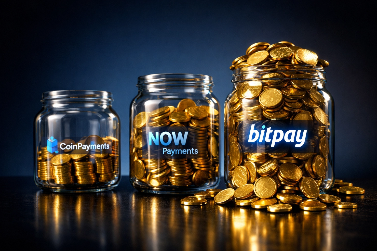 Three jars with gold coins showing crypto payment fee savings comparison between processors