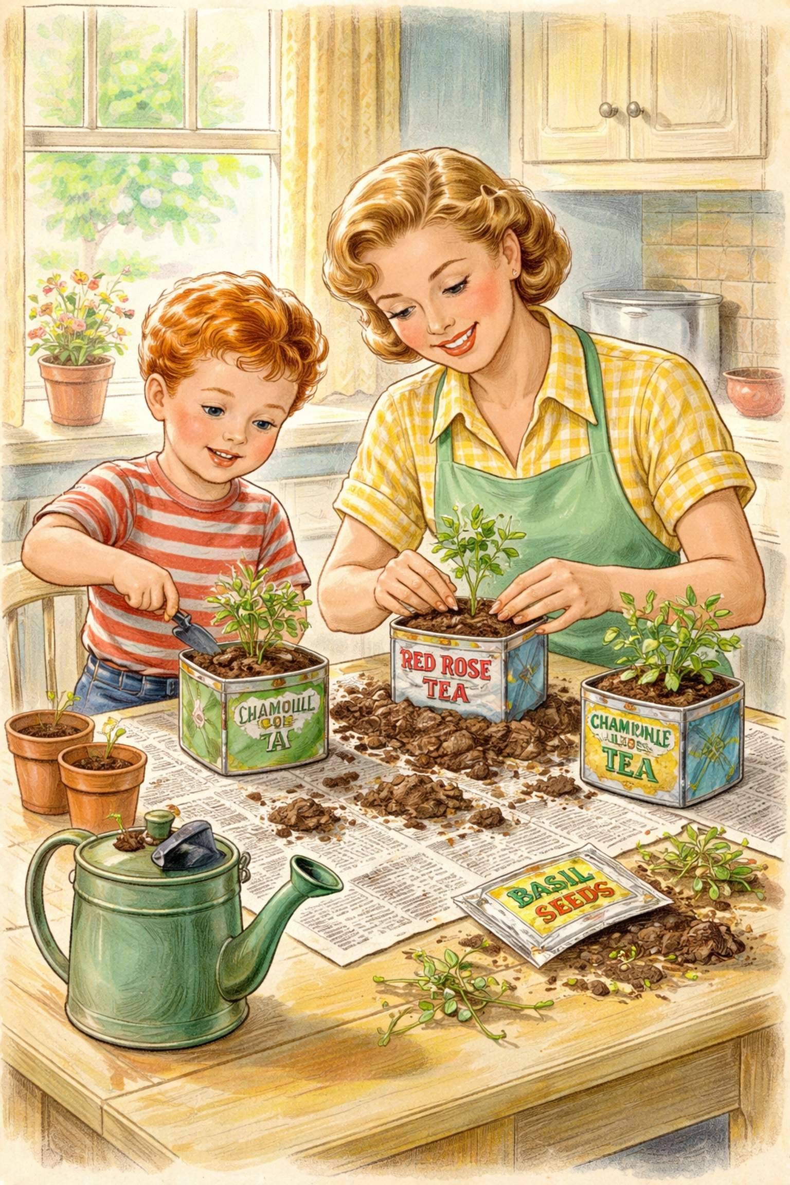Parent and child planting herb seedlings in colorful tea tins for a kitchen window garden project