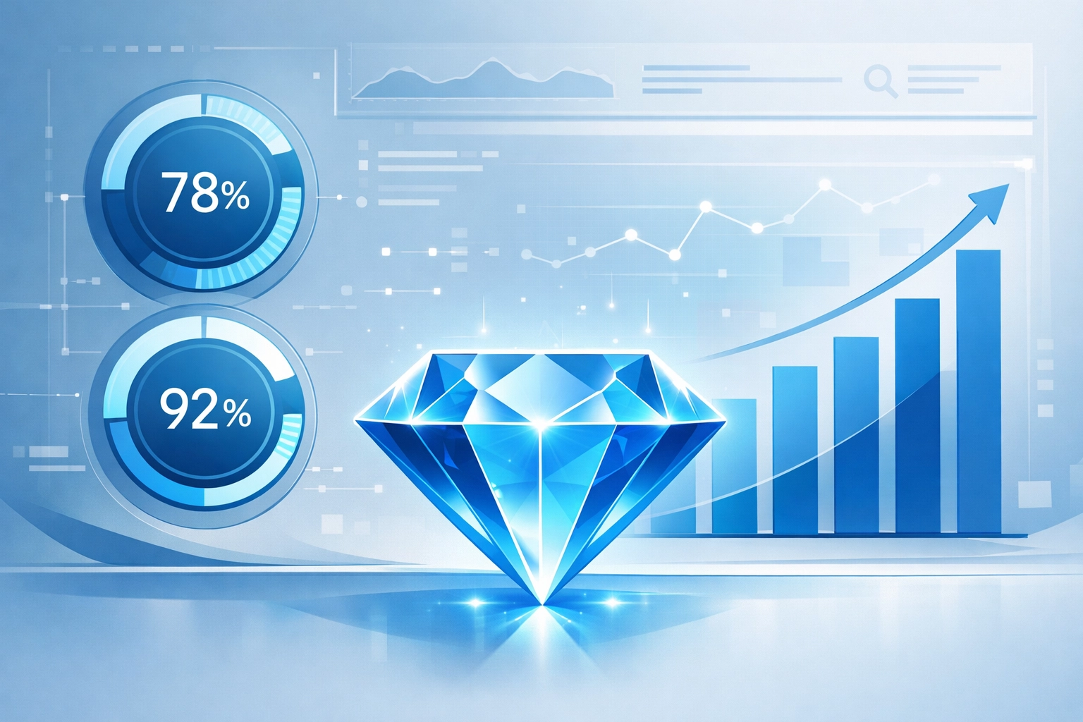 Analytics dashboard showing charts and a diamond symbol for maximized bottom-line profits and ROI