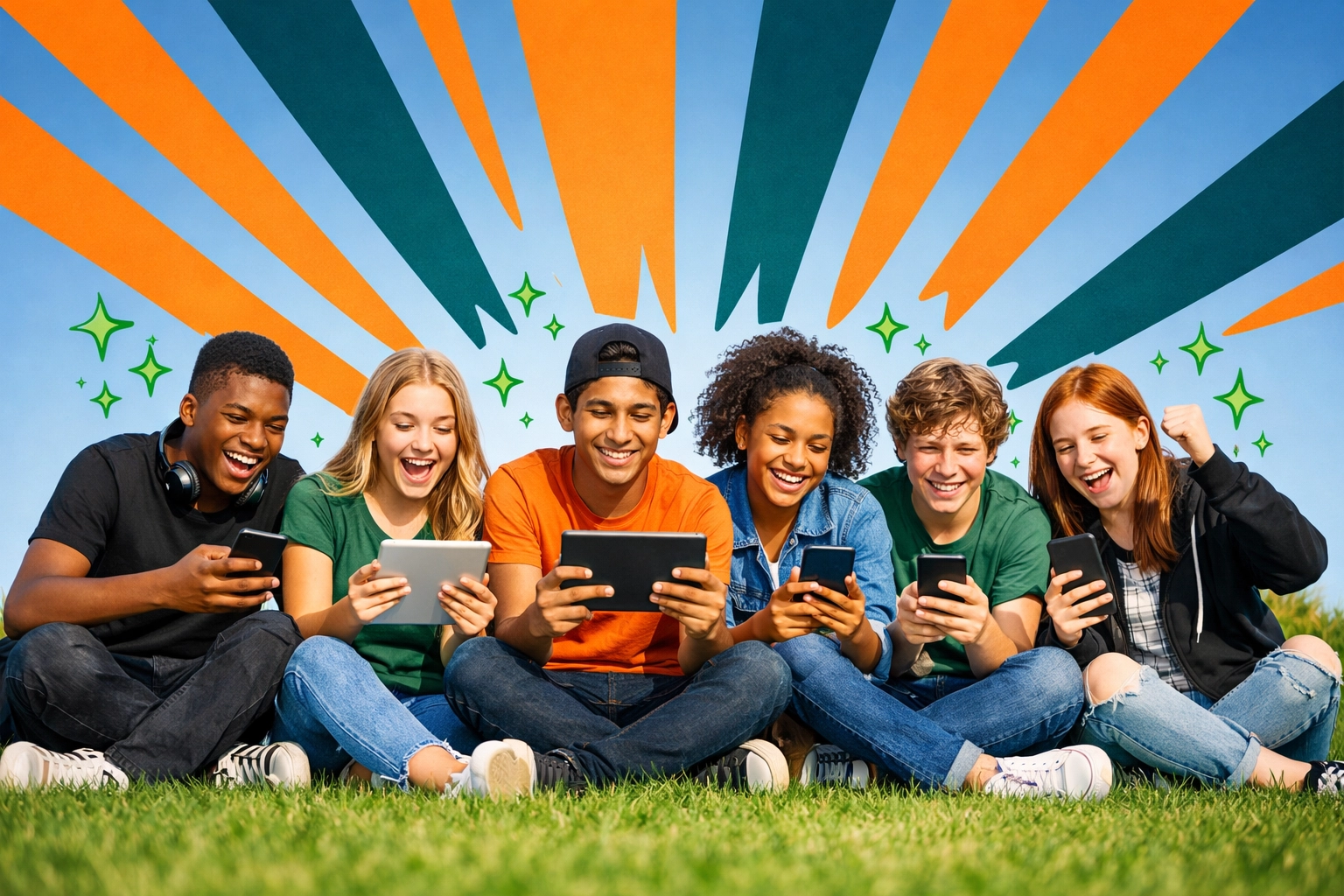 Group of confident teens using an online life skills platform to prepare for adult life.