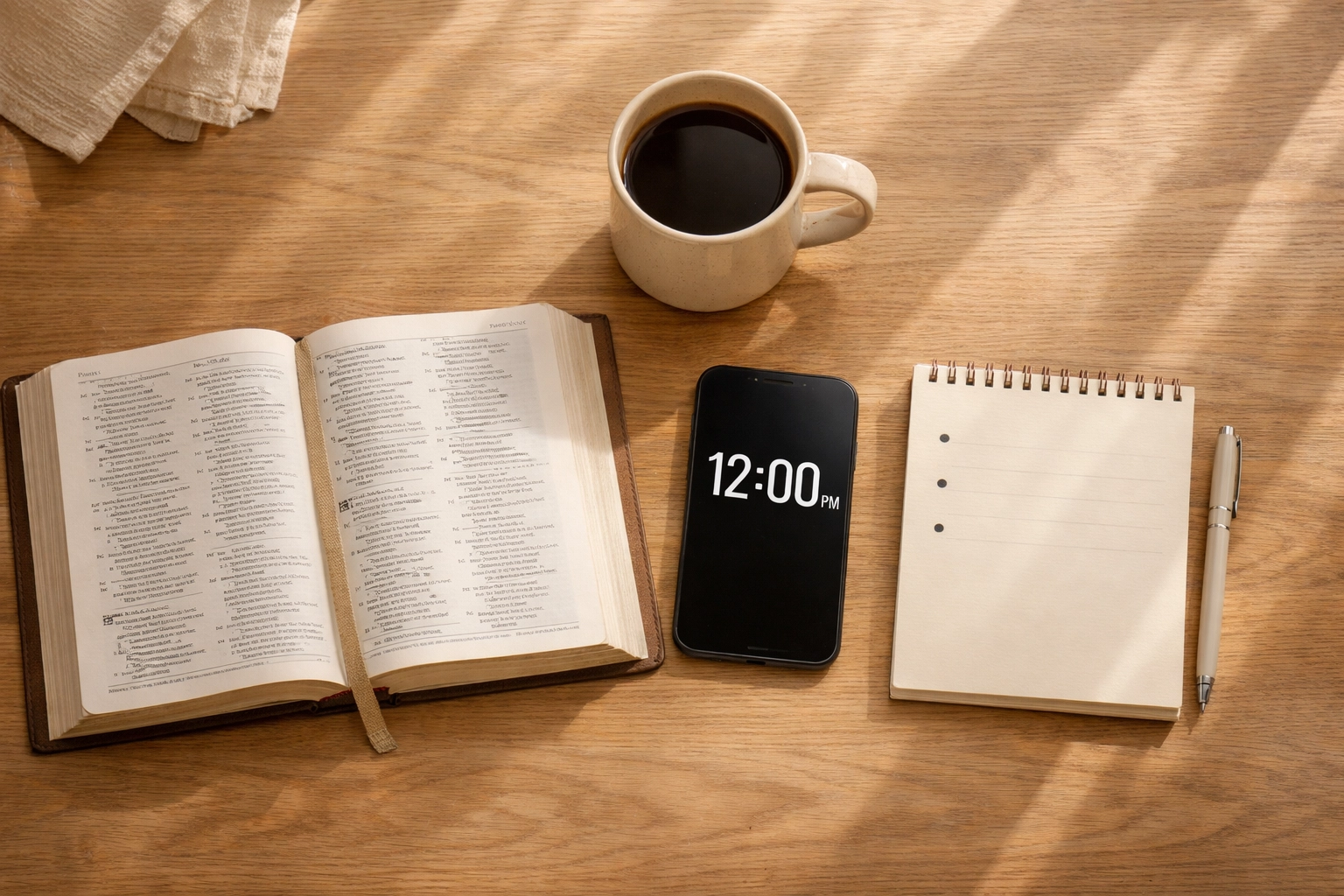 Peaceful midday desk with open Bible, coffee, and phone showing noon for intentional news break