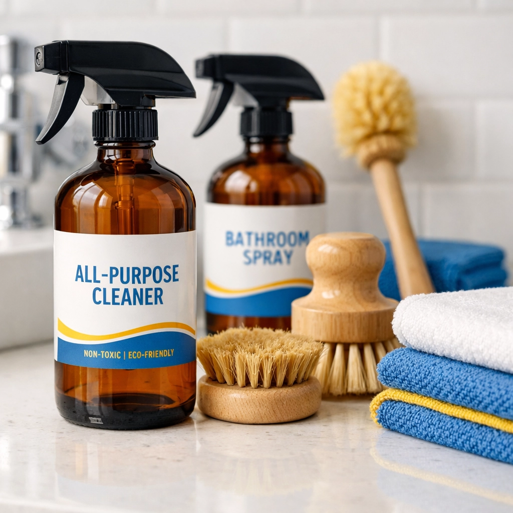 Eco-friendly supplies for green cleaning services Lowell MA featuring natural brushes and non-toxic solutions.