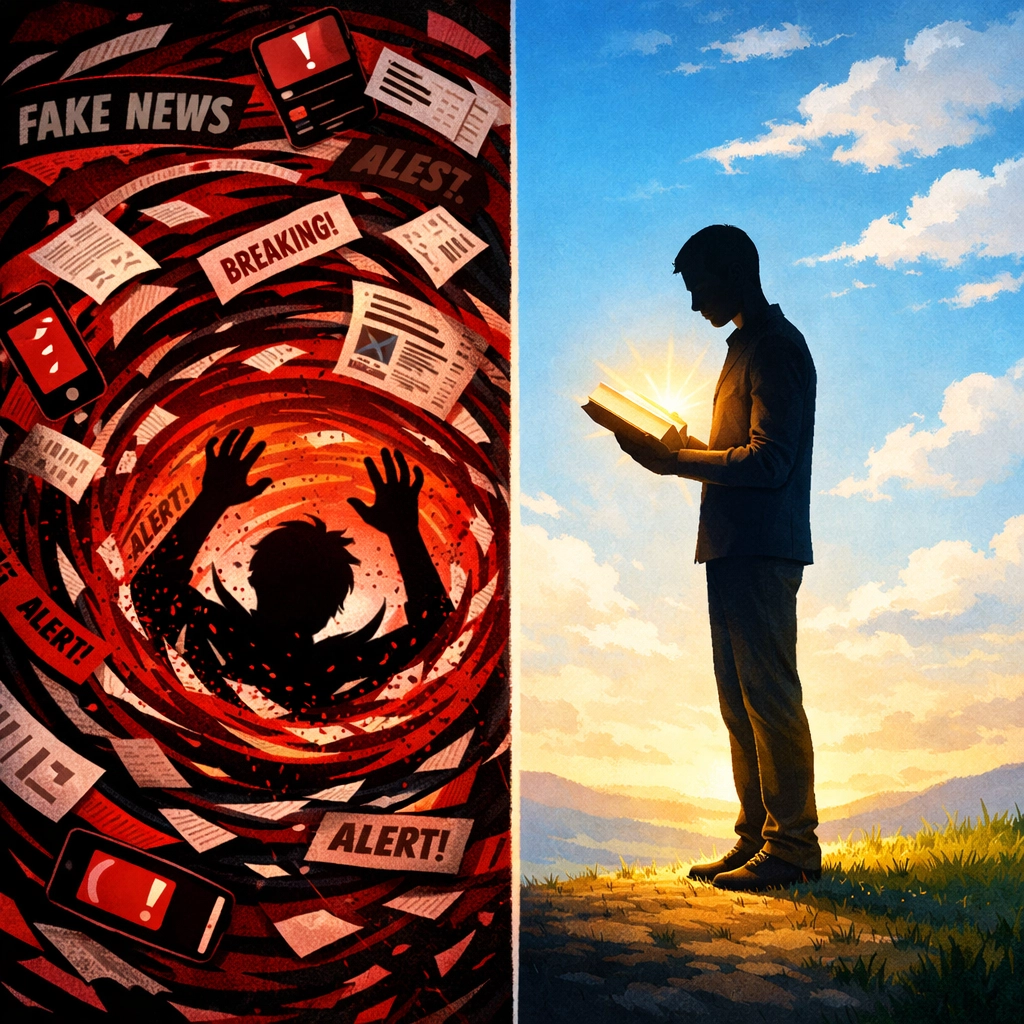 Person drowning in news chaos versus standing peacefully with book showing contrast