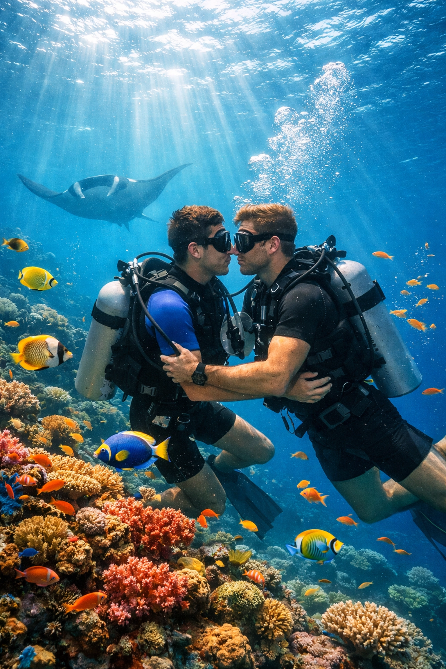 Two men diving together near coral reef in Maldives exploring underwater marine life