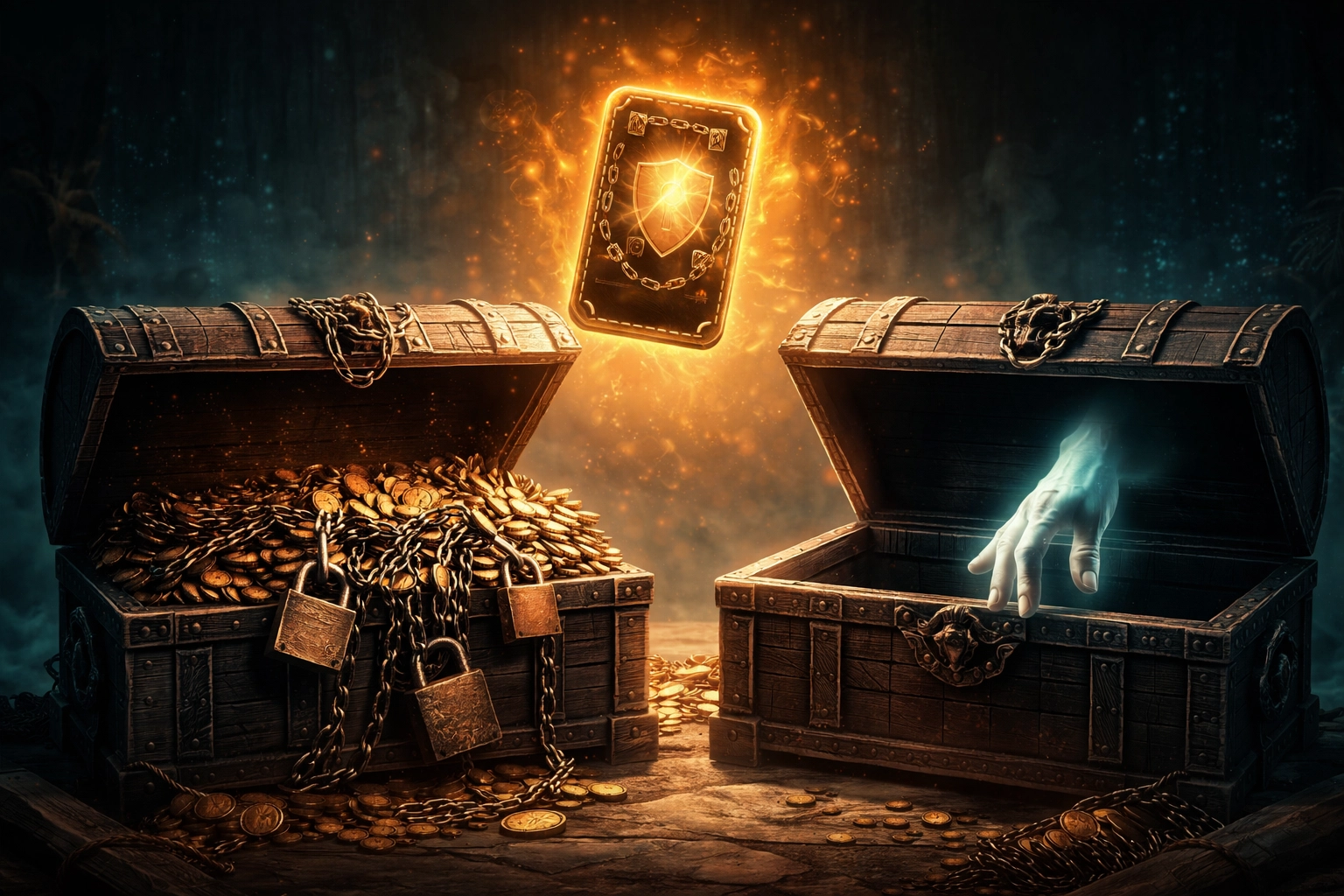 Locked and empty treasure chests contrasting with a glowing digital wallet, illustrating the risks of custodial crypto payment models for merchants.