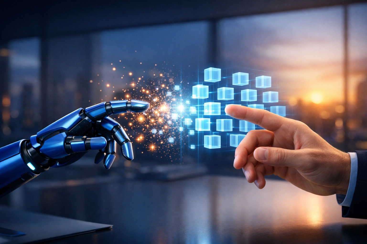 Robotic and human hands organizing digital data to illustrate AI-powered helpdesk automation and resolution.