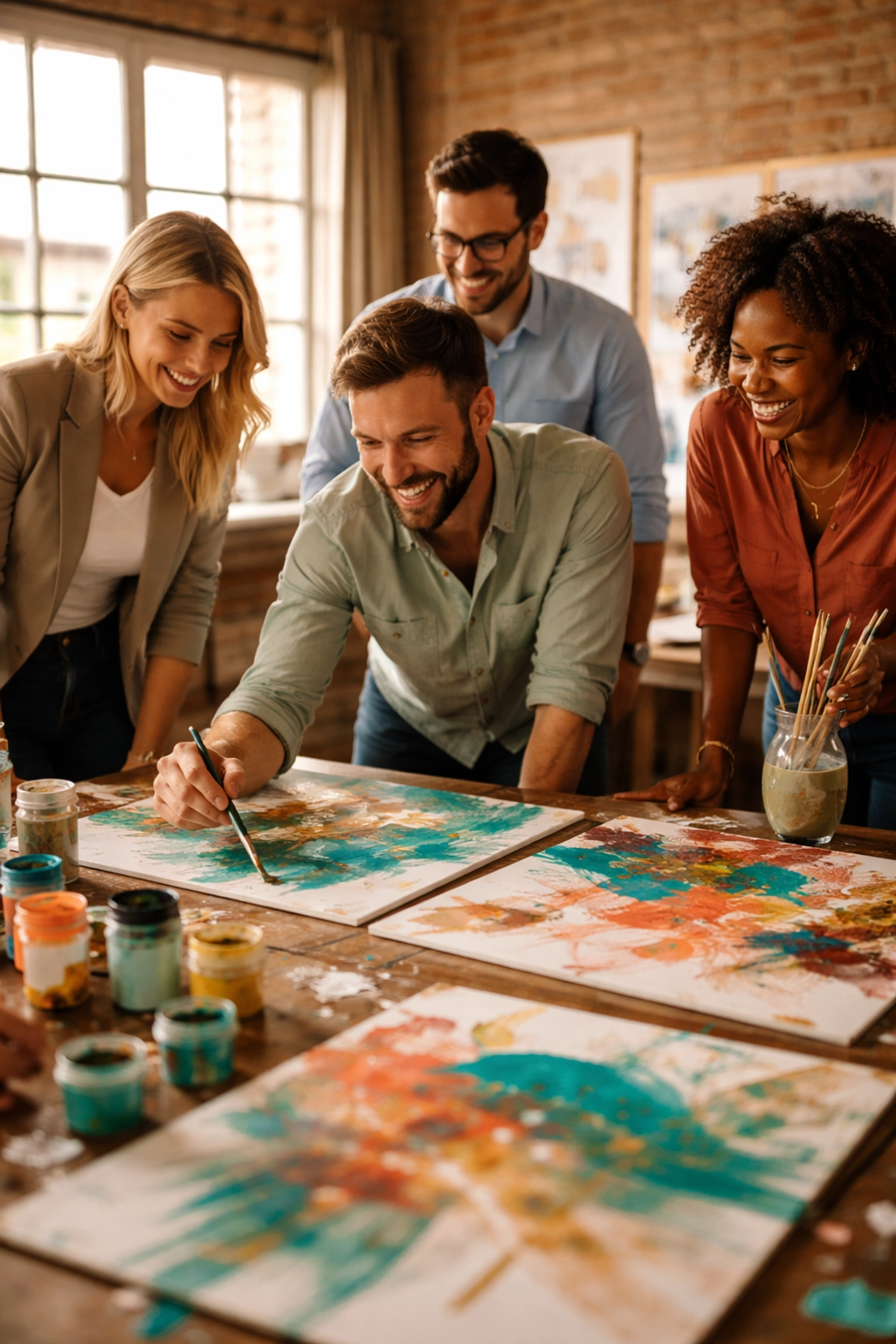 Corporate art workshop participants laughing and painting together in a vibrant, creative team building session