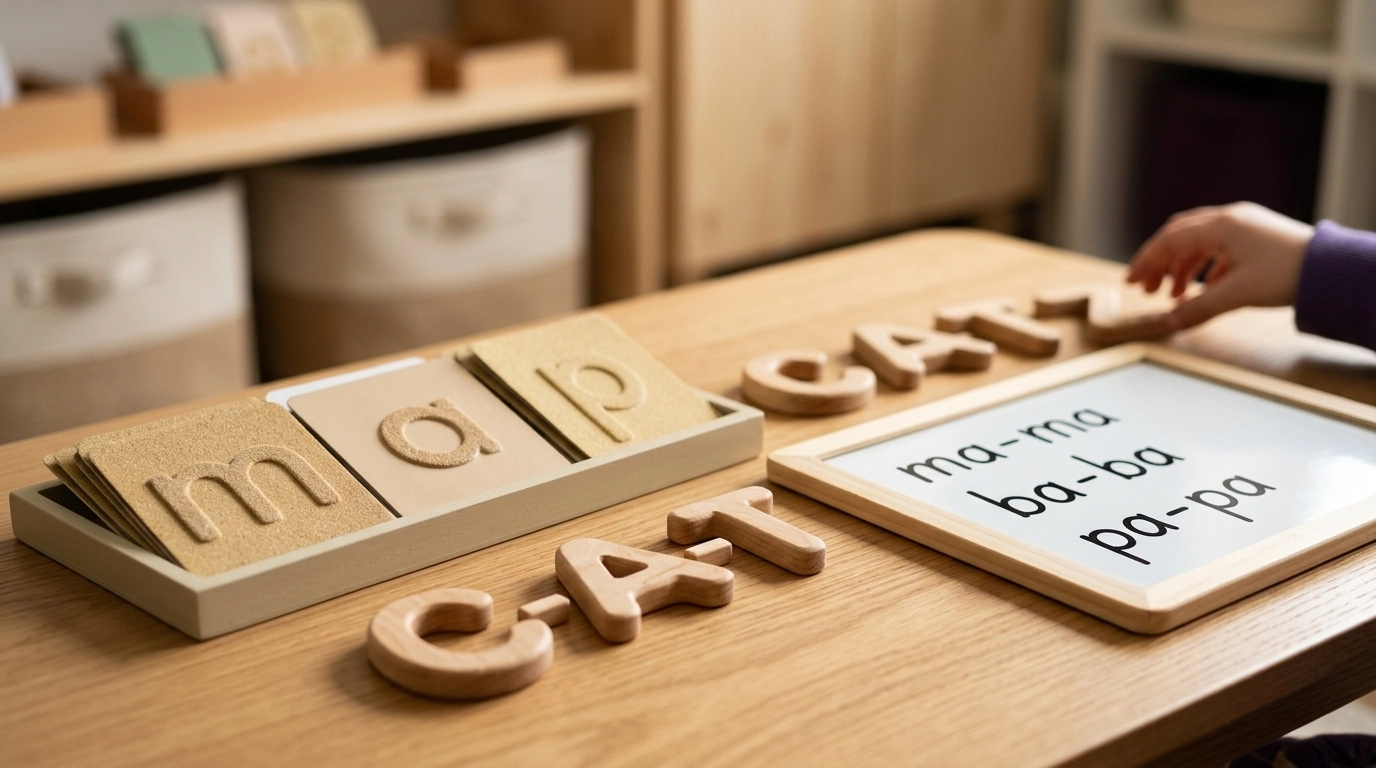 Multi-sensory educational tools like wooden letters and sandpaper cards laid out for a lesson.