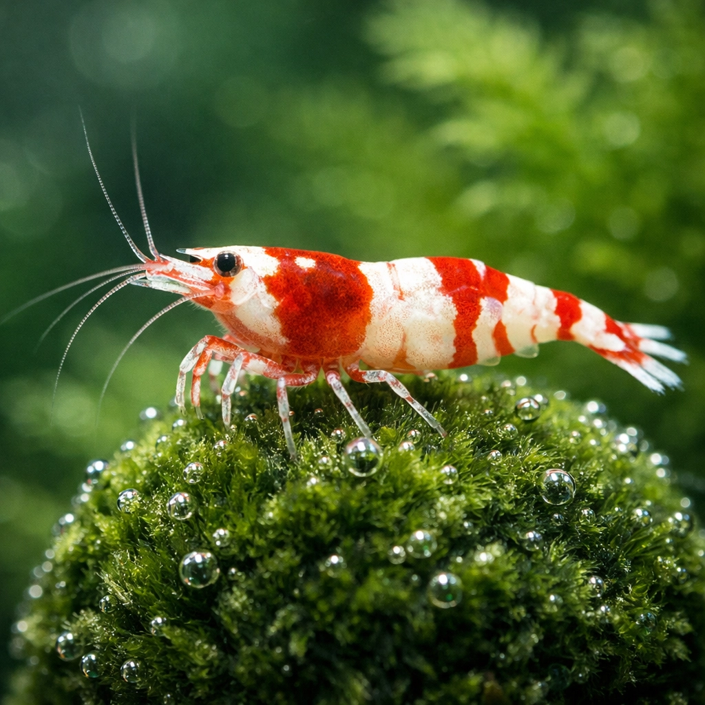 Detailed macro view of a crystal shrimp in a planted nano-tank representing micro-niche wildlife trends.