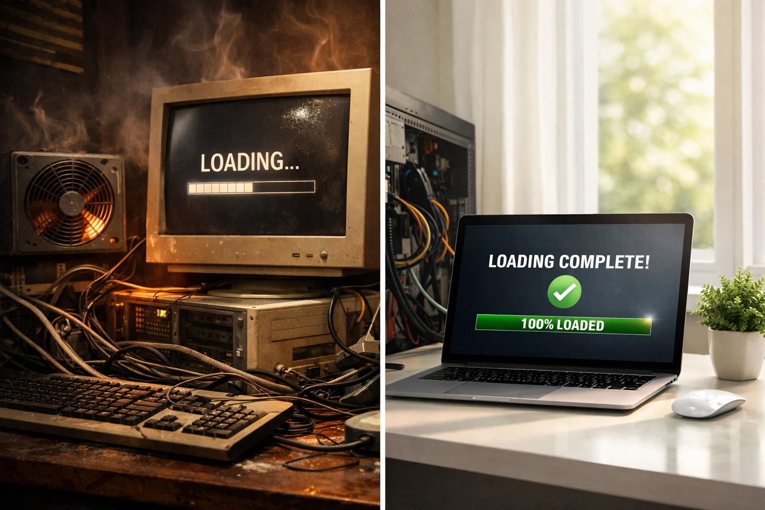 Comparison of slow outdated computer versus fast modern laptop showing sustainable website performance
