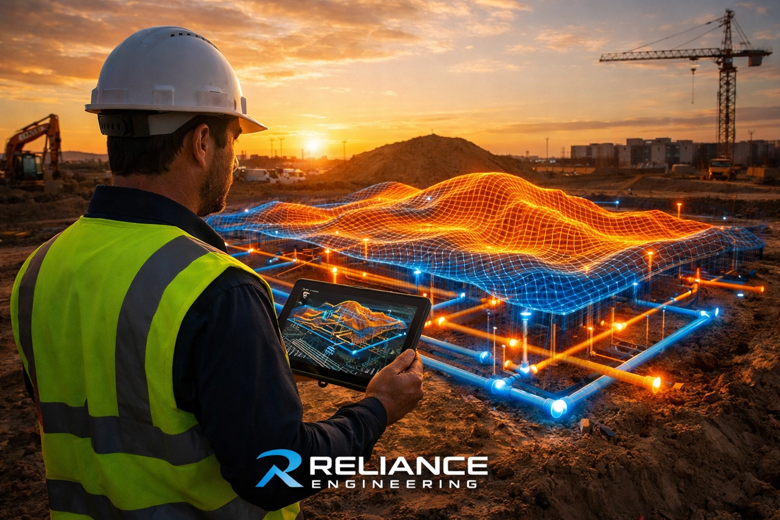 Civil engineer reviewing a site grading plan on a tablet during an Ontario land development project.
