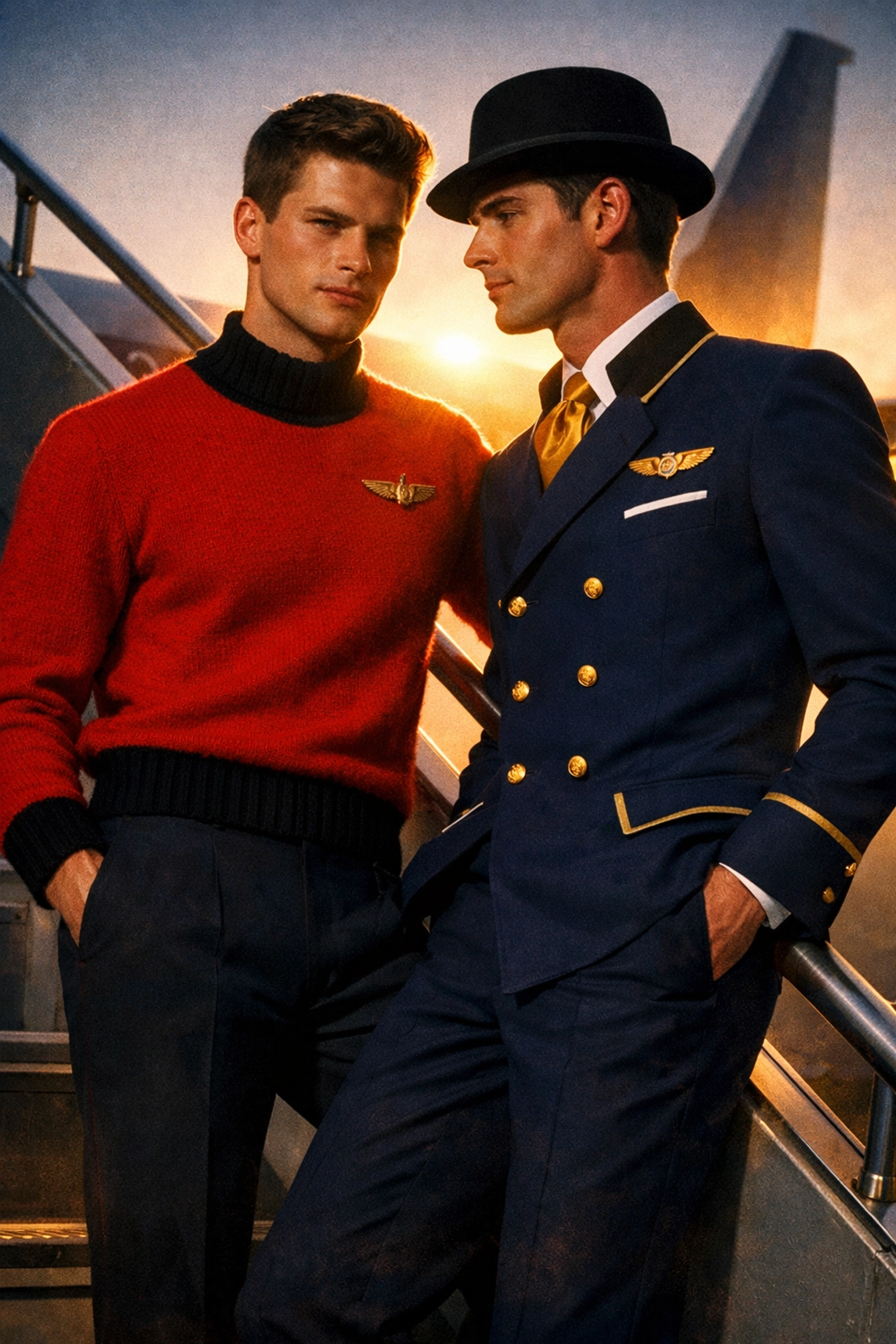 1970s airline fashion featuring designer flight attendant uniforms in red and gold