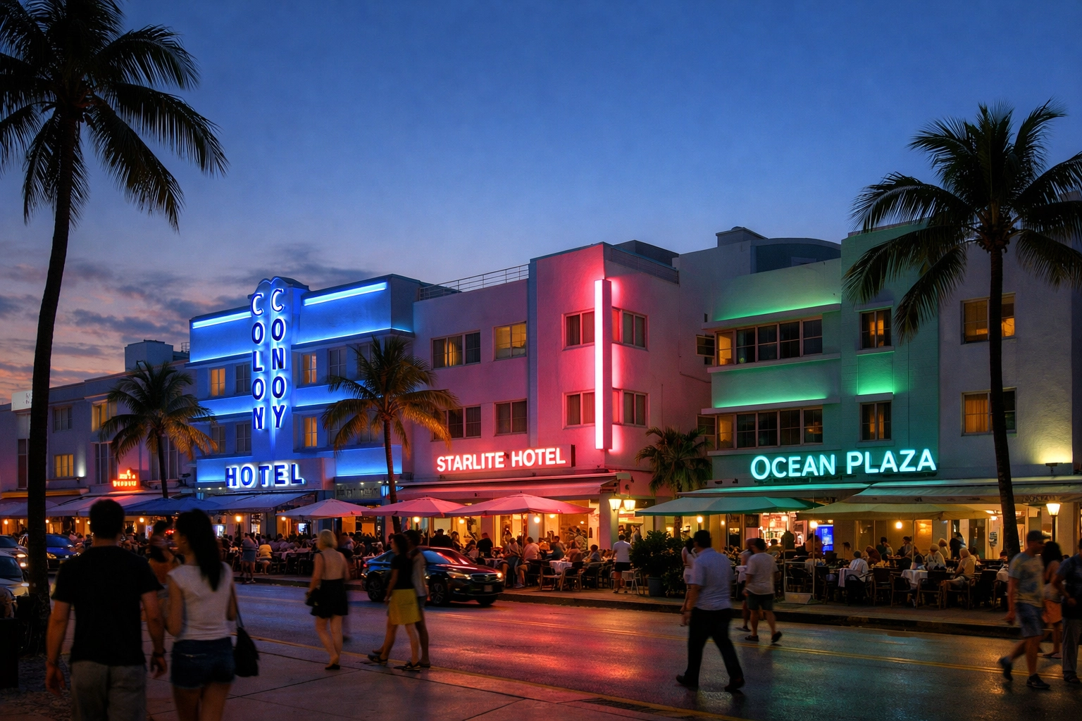 Neon-lit Art Deco hotels on Ocean Drive in South Beach, a top location for photography in Miami.