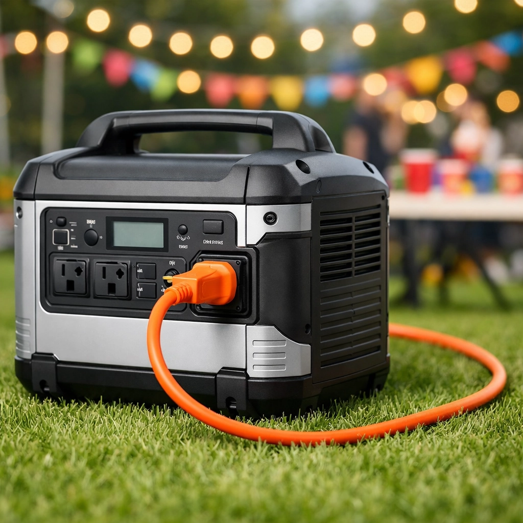 Reliable portable generator rental on green grass for powering event equipment and blowers.