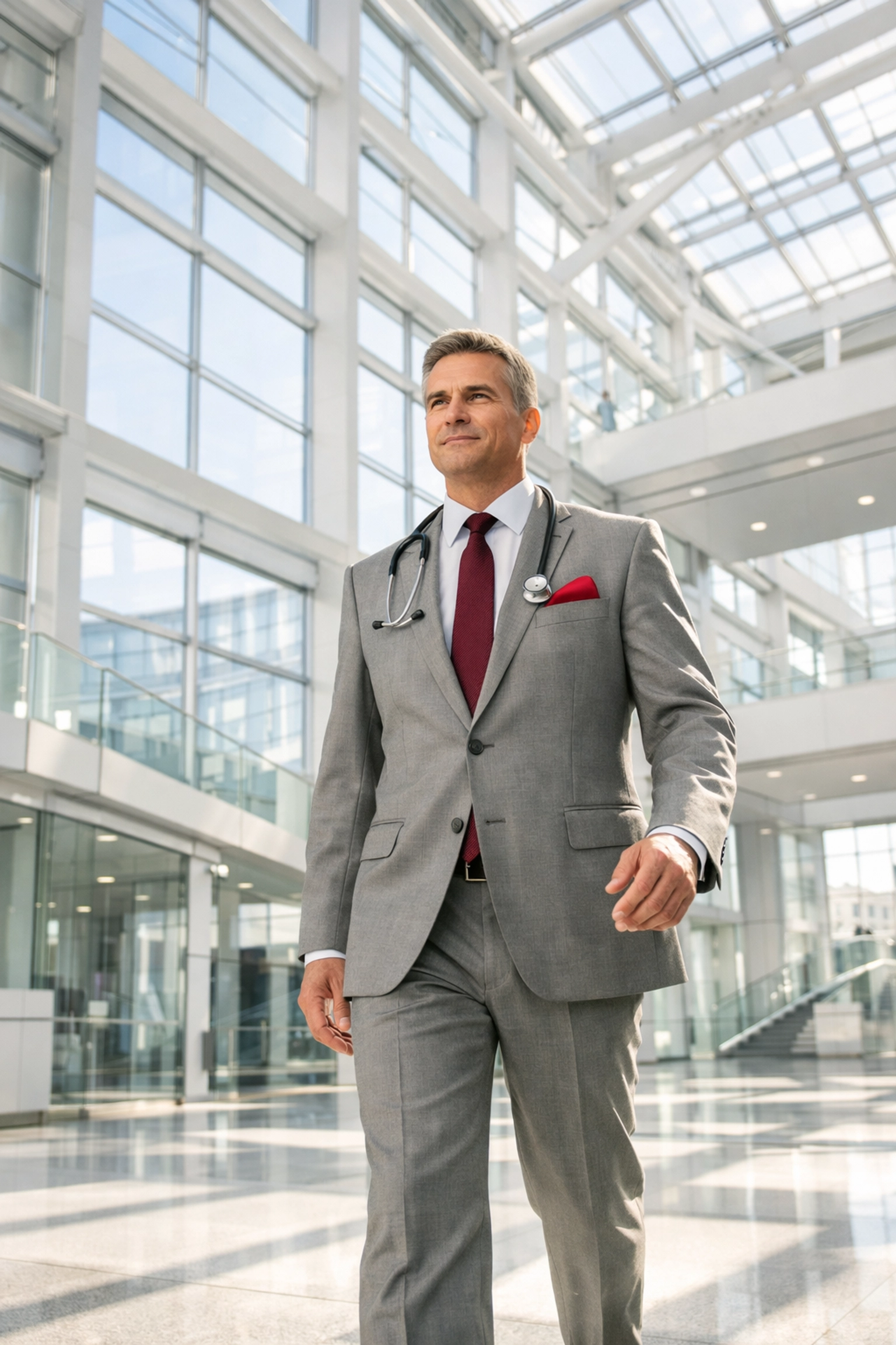 Confident physician walking through a modern atrium, representing long-term financial security and career independence.
