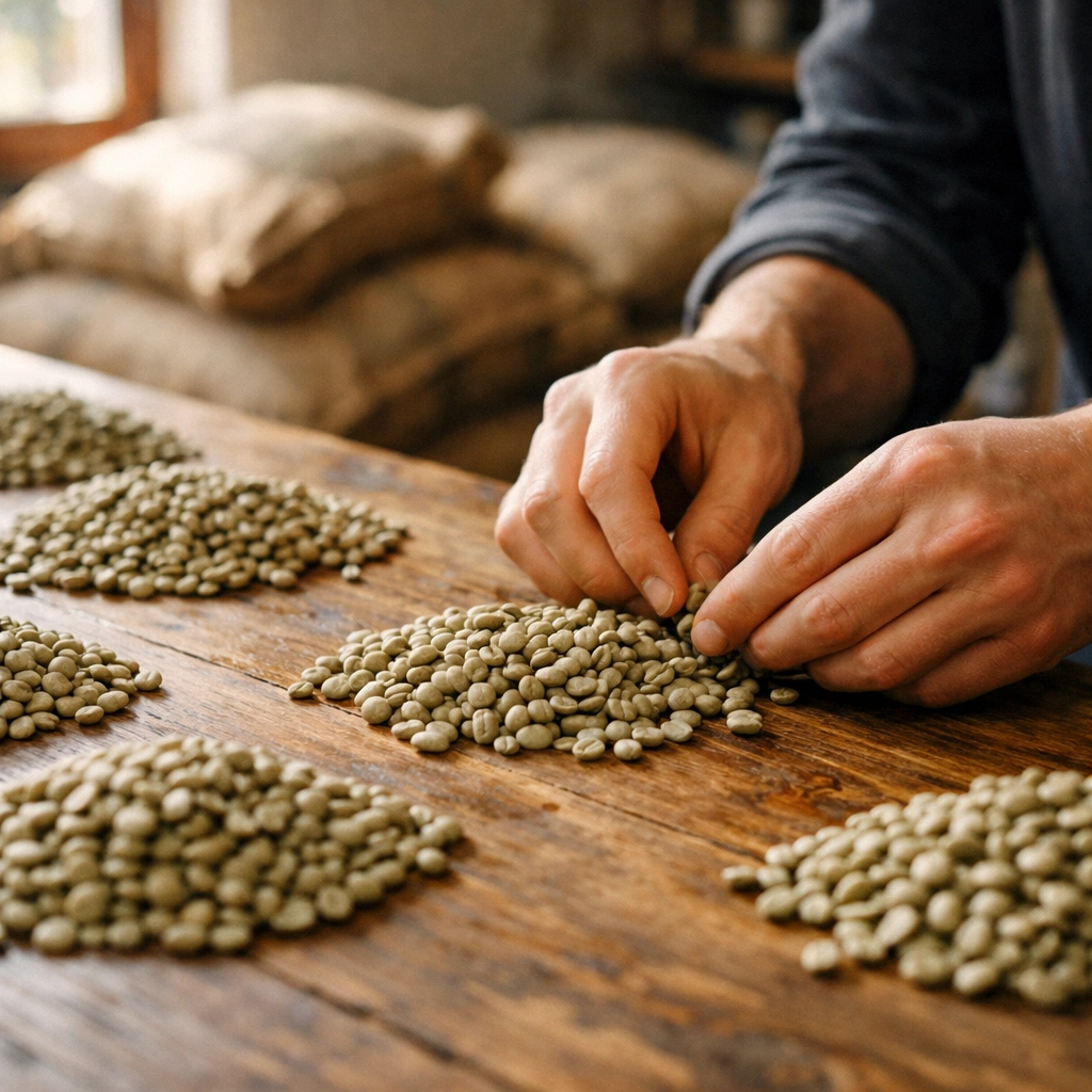 Hands sorting green specialty coffee beans at a roastery to ensure high-quality sourcing.