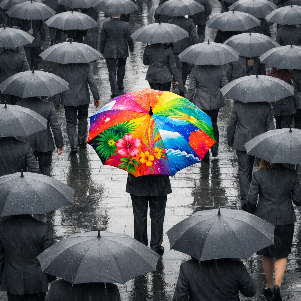 A vibrant colorful umbrella in a gray crowd symbolizing unique creative ads in international markets.