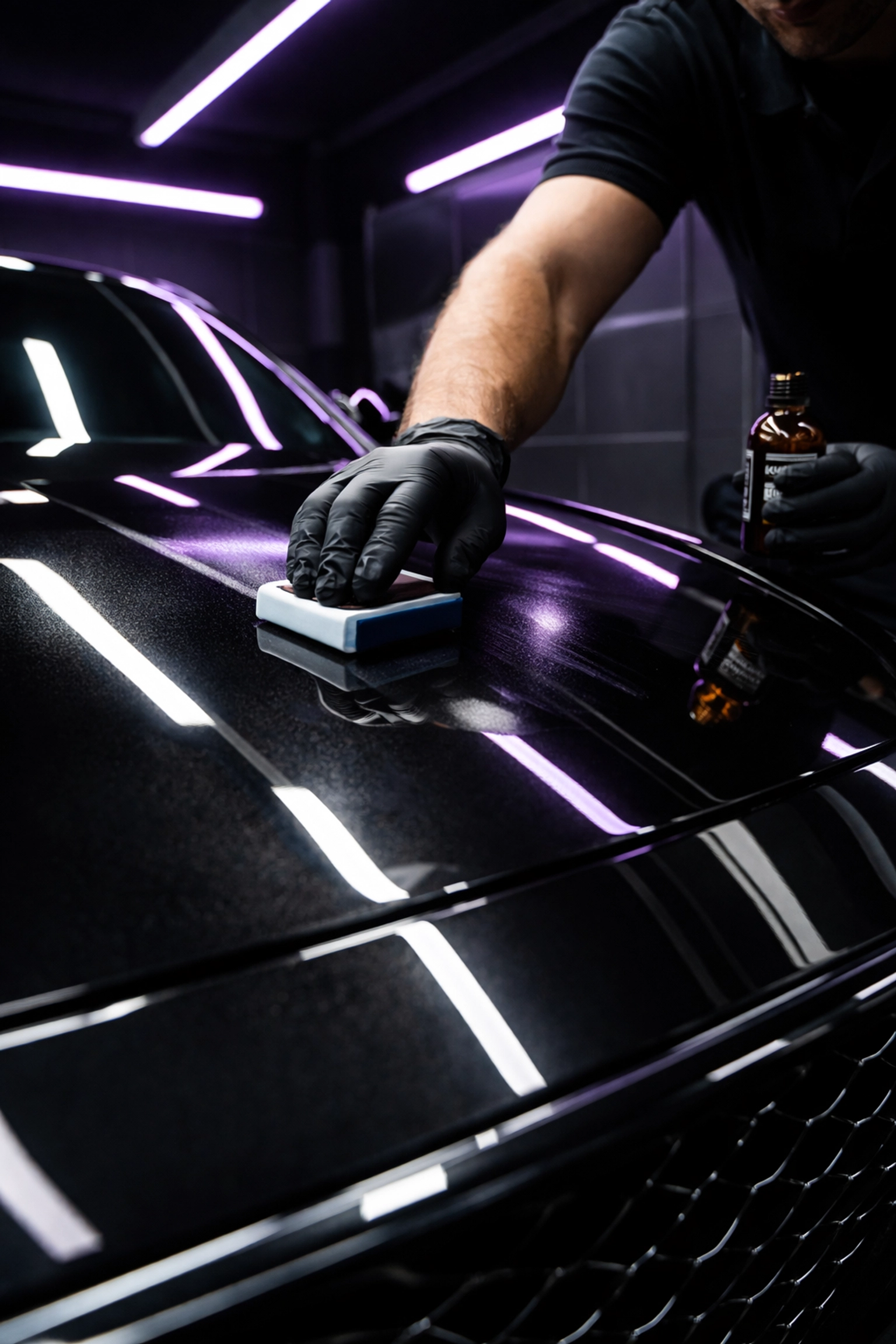 Professional detailer applying ceramic coating to a black sedan hood for a glossy, protected finish in Clayton NC