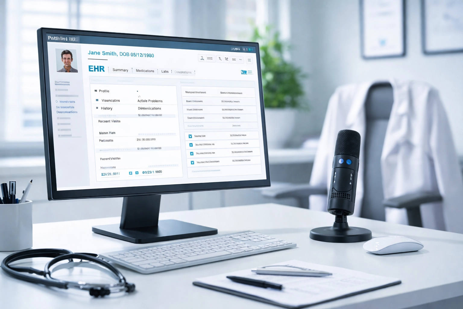 Modern medical office with integrated EHR and dictation software for efficient clinician documentation time