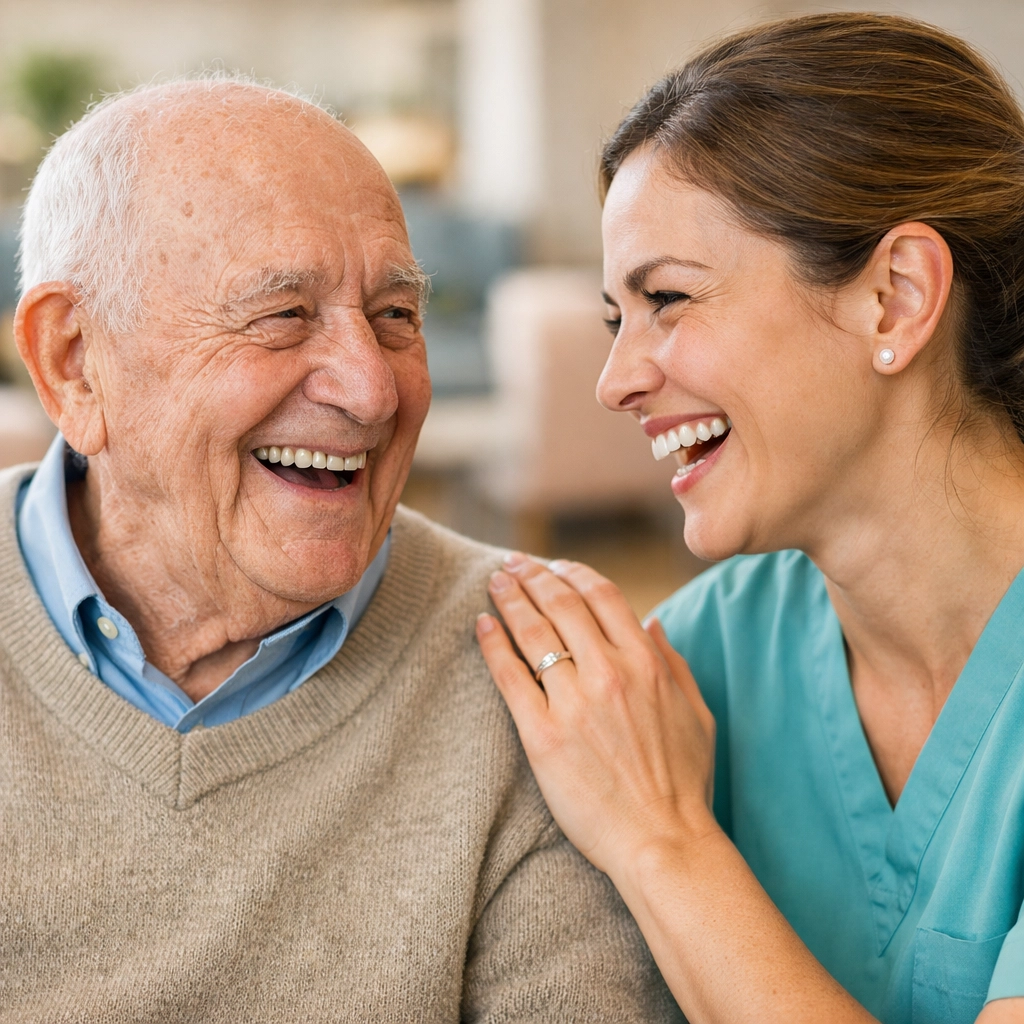 Senior man laughing with a compassionate caregiver at a Sarasota assisted living community.
