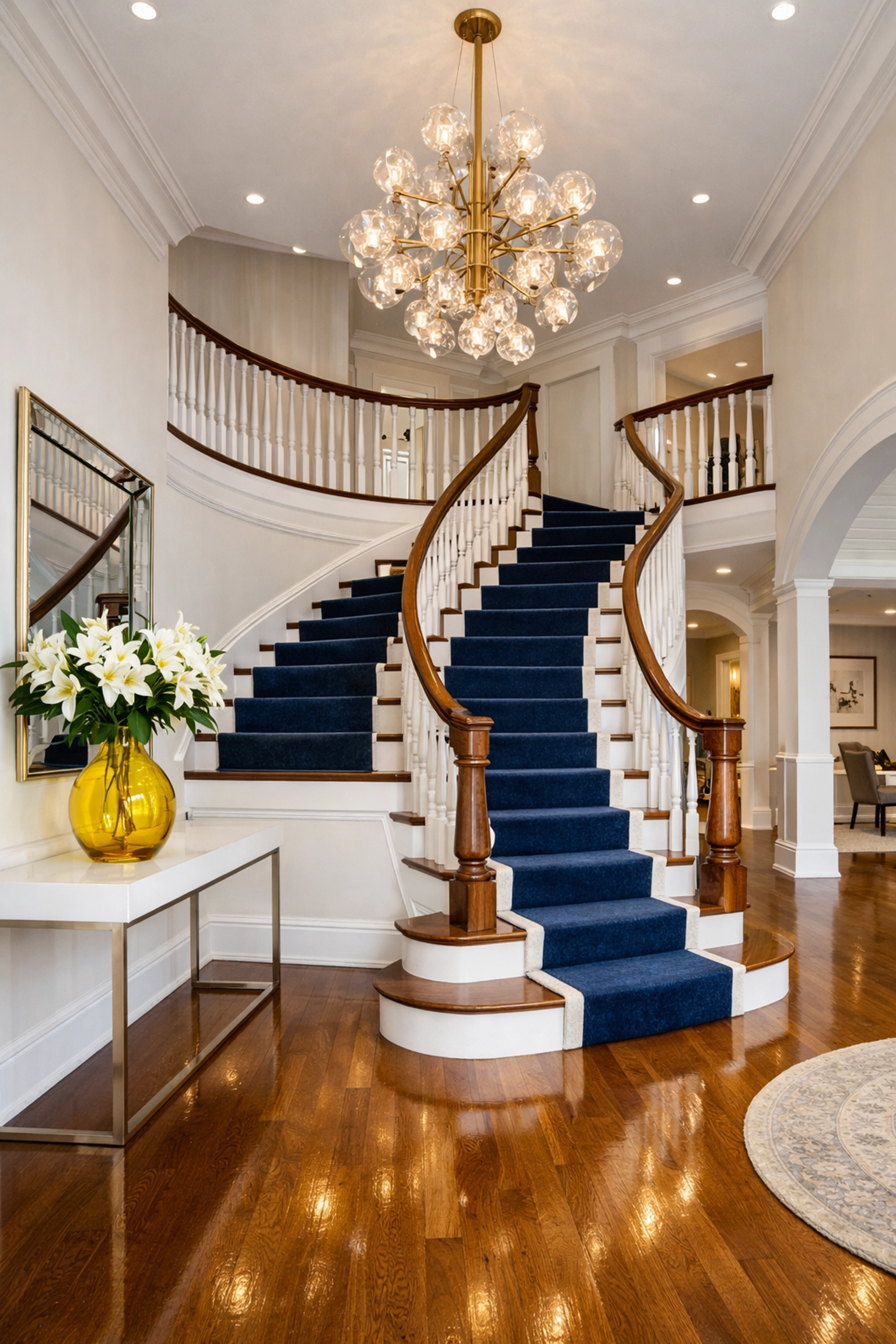 Pristine luxury foyer and polished hardwood floors in a Wellesley MA estate cleaned by professionals.