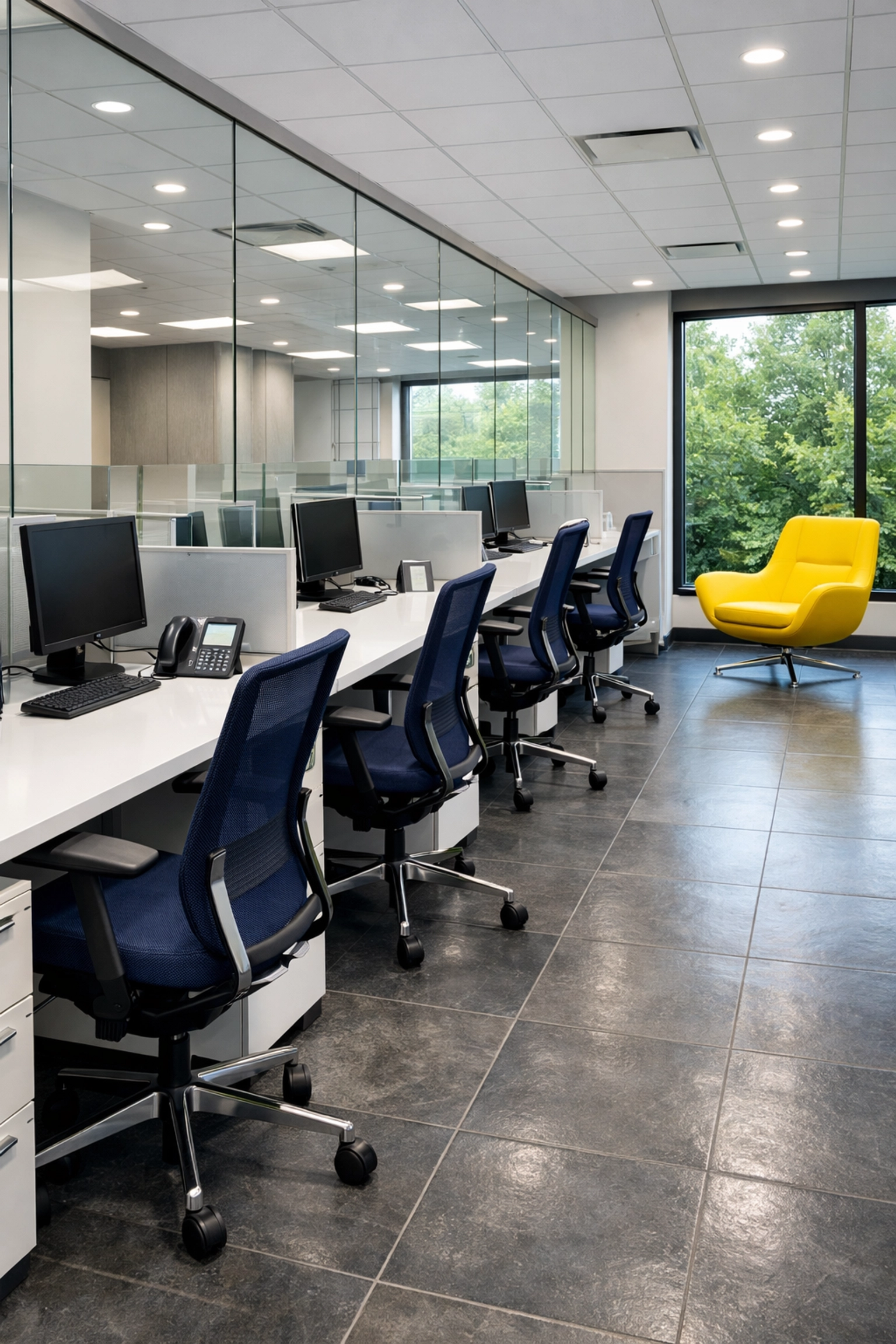 Spotless Bedford office space featuring organized workstations following a professional commercial cleaning service.