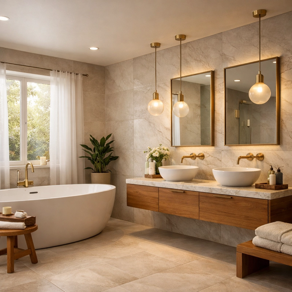 Luxury spa bathroom remodel with soaking tub, marble accents, and natural light