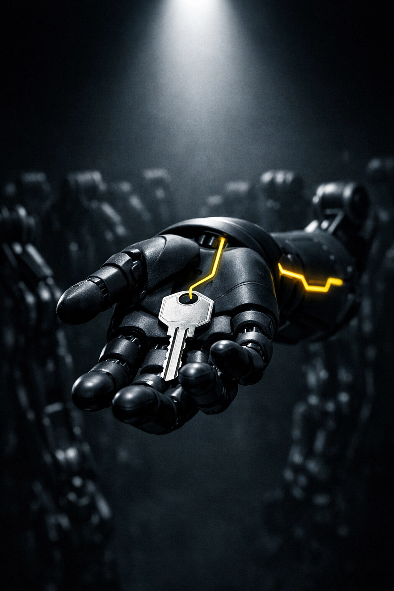 A robotic hand holding a house key, illustrating how AI lead nurturing lacks the human touch in real estate.