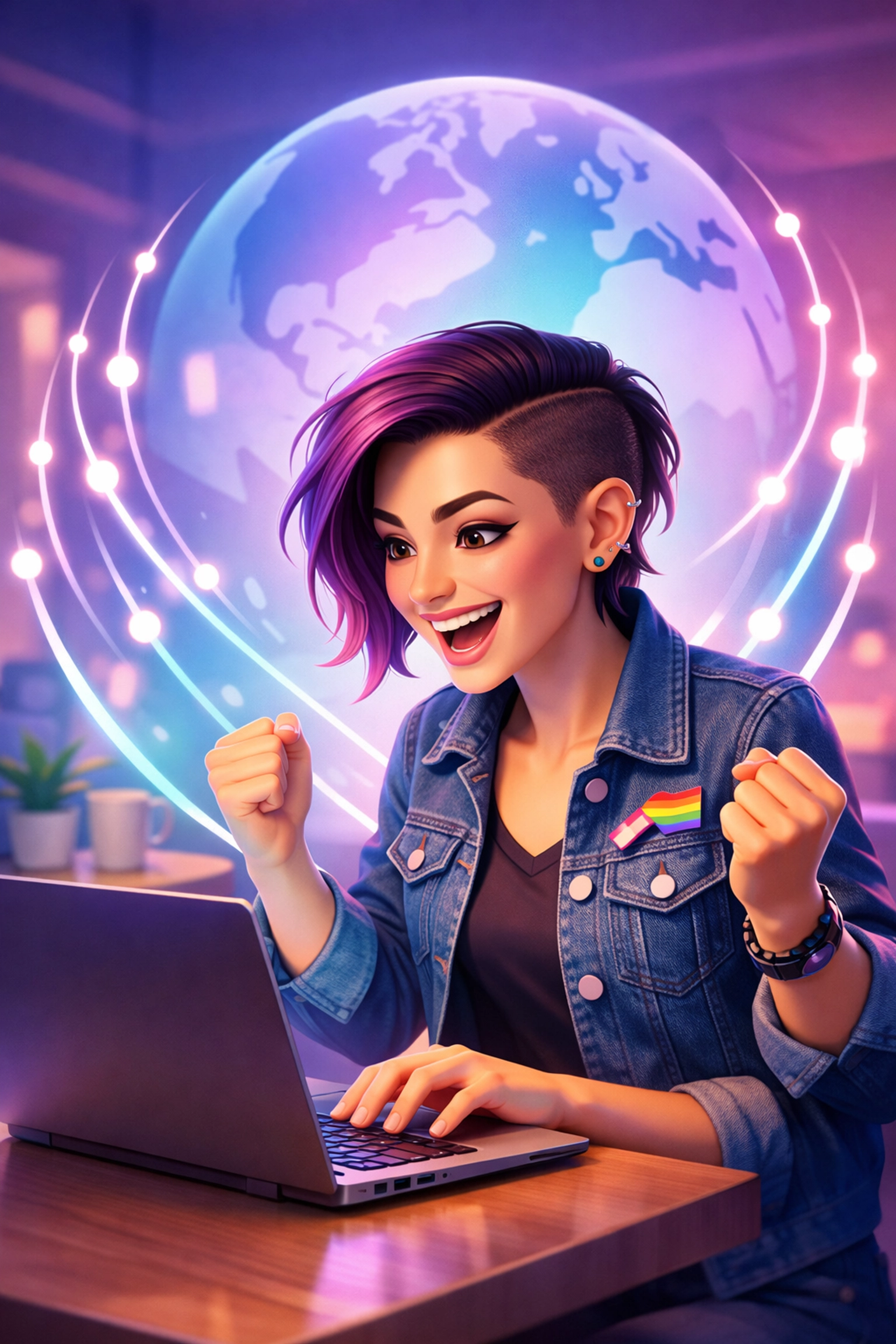 An inspired lesbian writer publishing her new queer fiction book globally on a laptop.