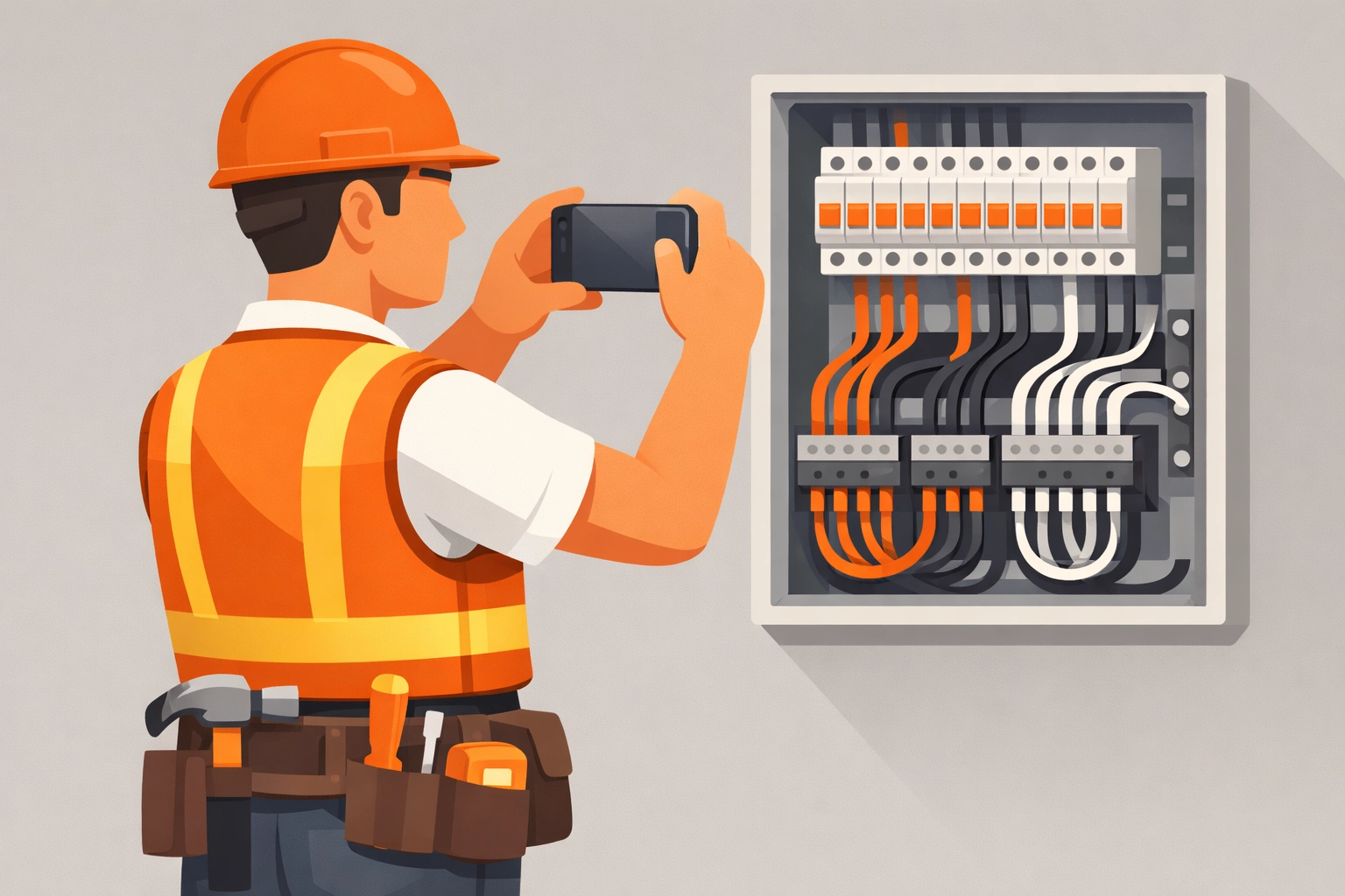 Contractor using a mobile app for job site photo documentation of an electrical panel.