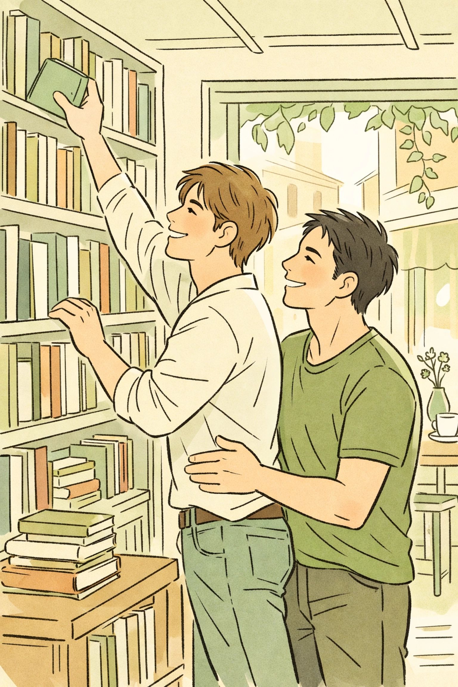 Gay couple openly affectionate in Italian bookshop after escaping persecution