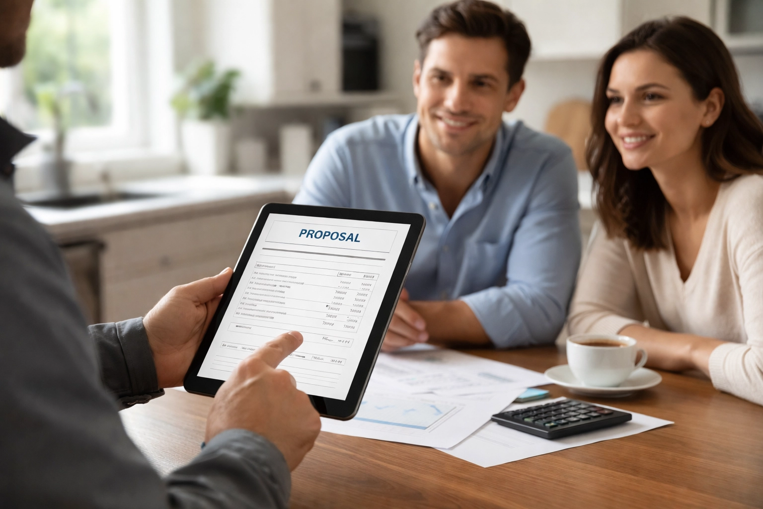 Contractor presenting a project proposal on a tablet to homeowners in a modern kitchen setting