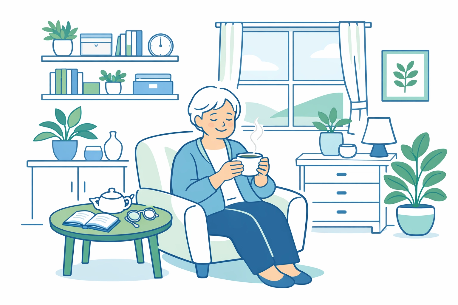 Senior enjoying peace in tidy, organized home showing mental health benefits