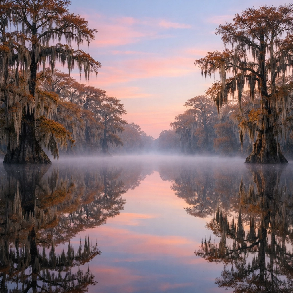 Serene dawn reflection of Bald Cypress trees with Spanish moss in a misty Florida Everglades slough.