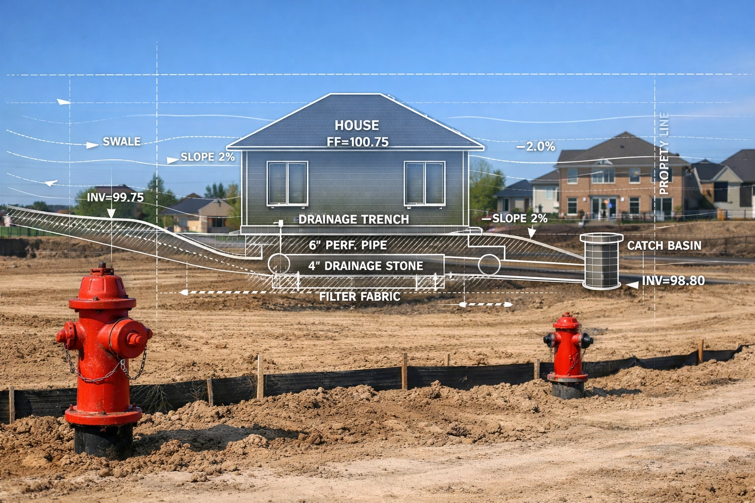 Site grading and infrastructure design for an Ontario housing development showing hydrants and drainage plans.