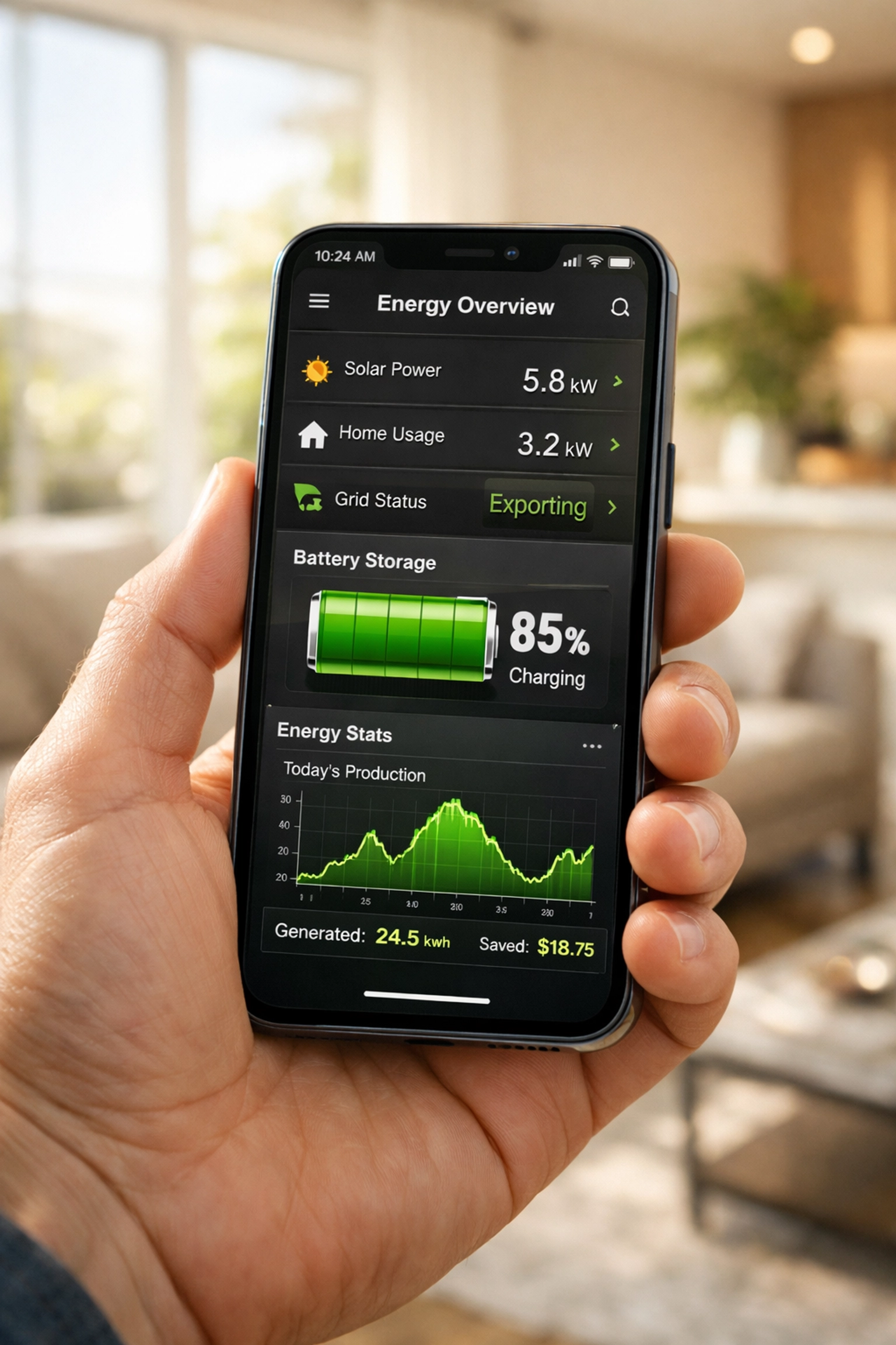 Monitoring home energy consumption and solar battery performance via a smart mobile application.