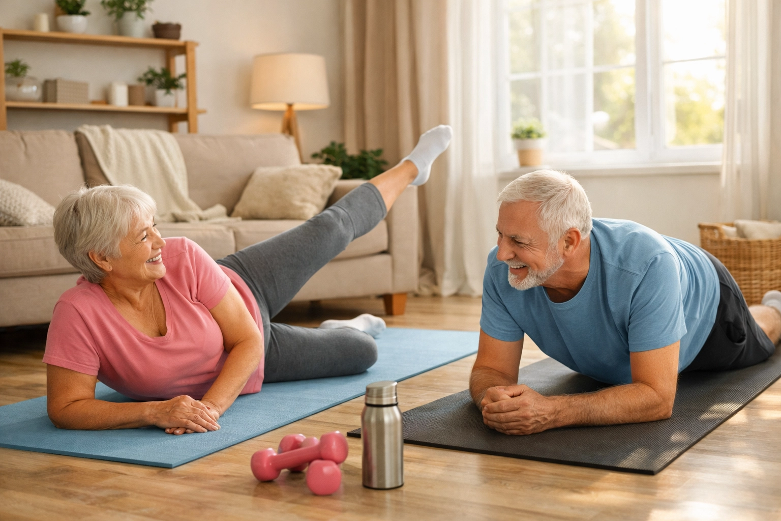 Senior couple doing floor exercises on yoga mats to build strength for fall prevention