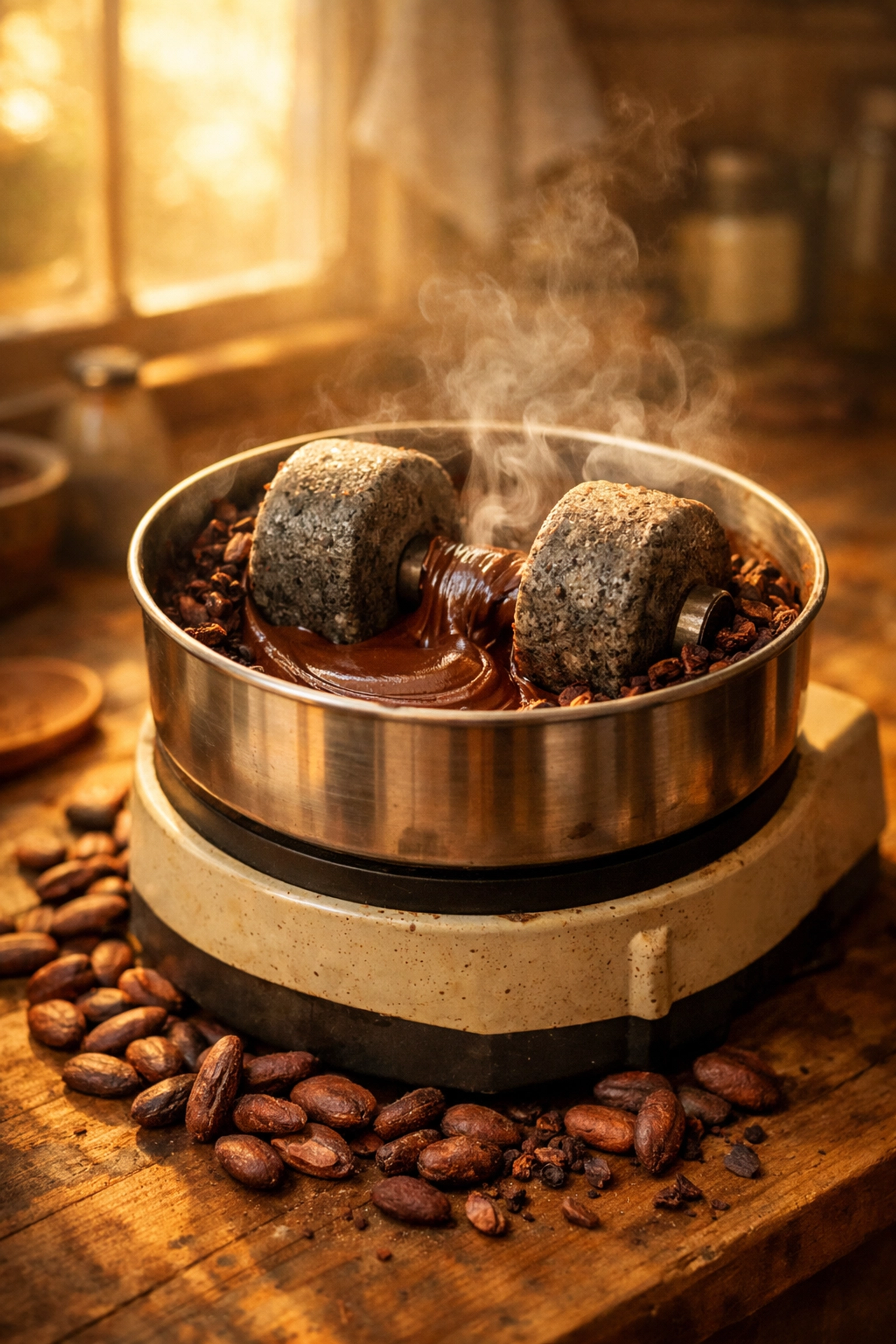 Stone grinder transforming cacao nibs into smooth chocolate on kitchen counter