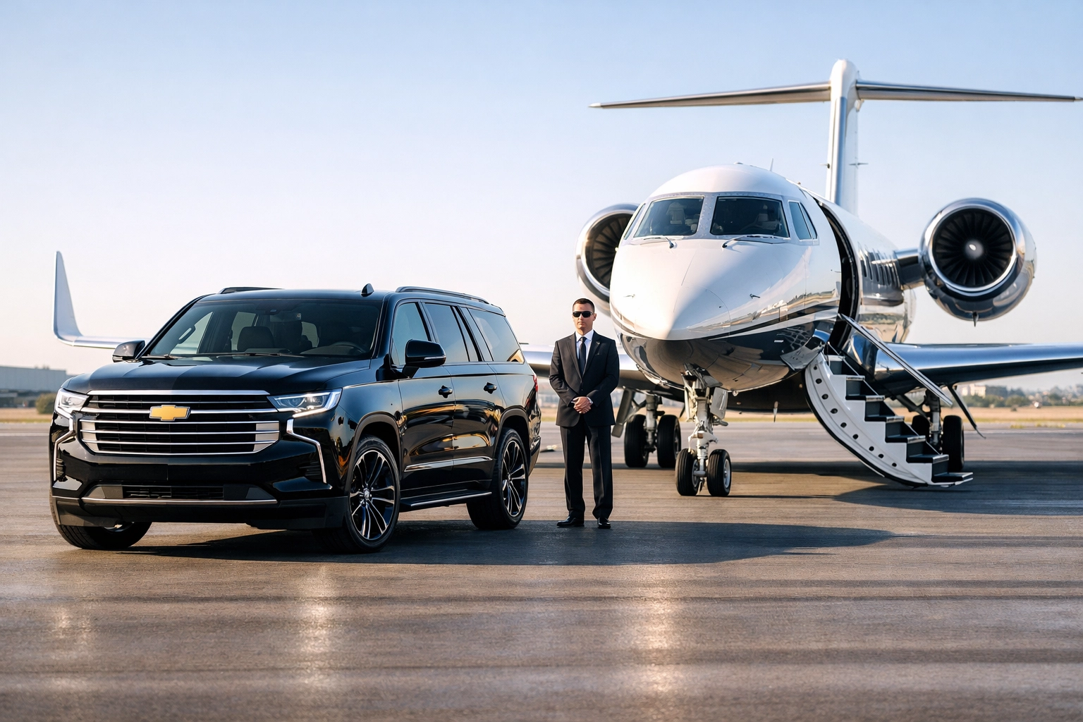 Luxury private jet and executive SUV on an airfield illustrating elite corporate travel branding.
