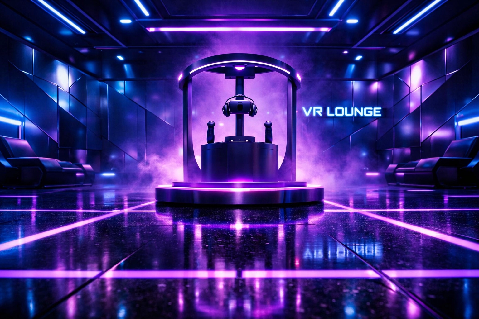 A futuristic XR event lounge featuring neon lighting and an immersive minimalist virtual reality gaming station