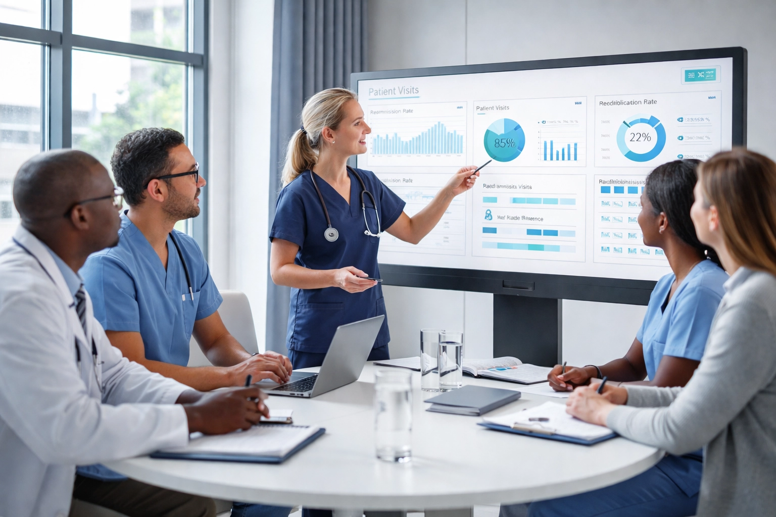 Diverse home health team collaborates around digital dashboard showing compliance analytics for 42 CFR 484 standards.
