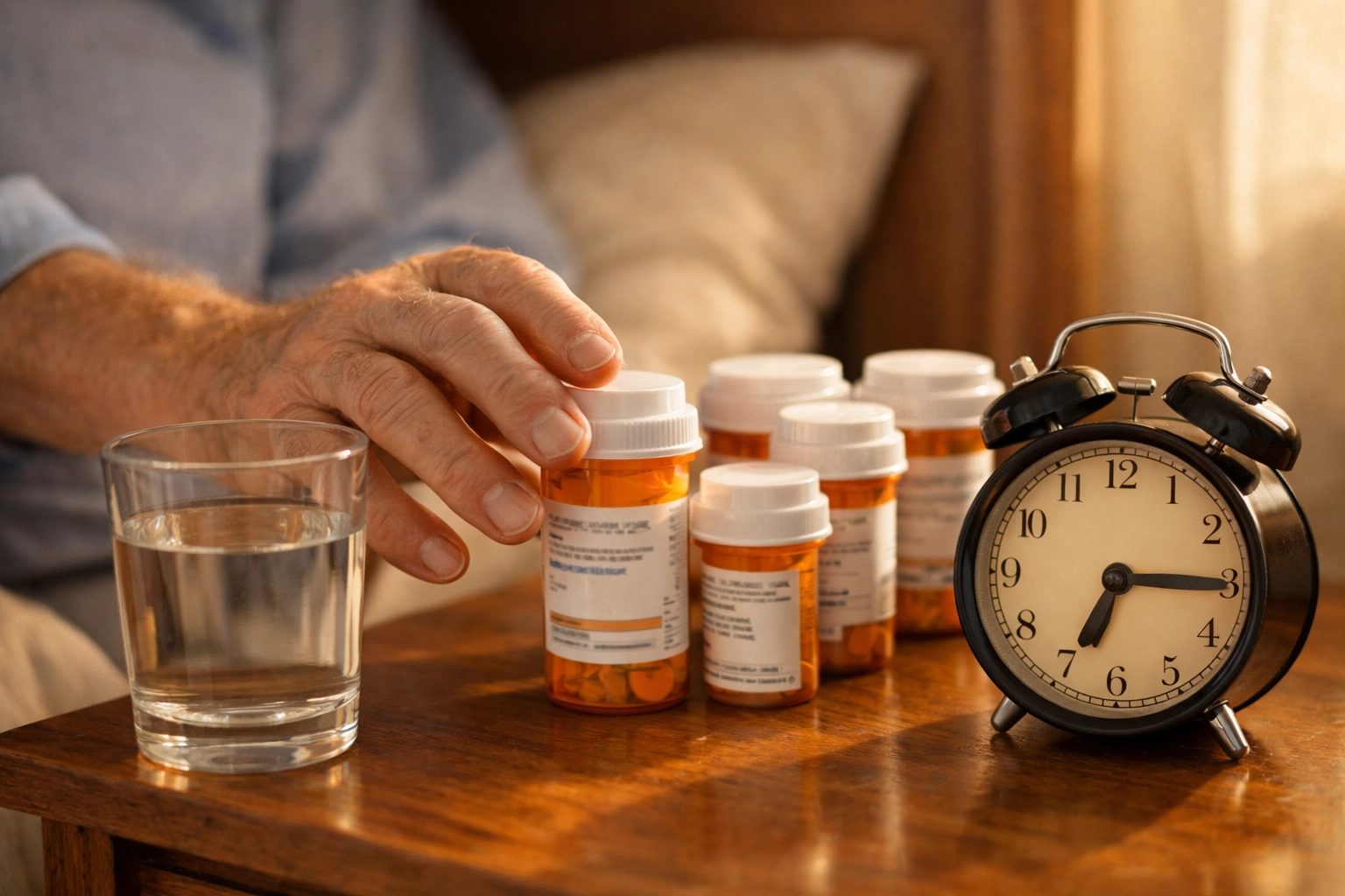 Senior man's prescription medications neatly arranged on bedside table with morning alarm clock