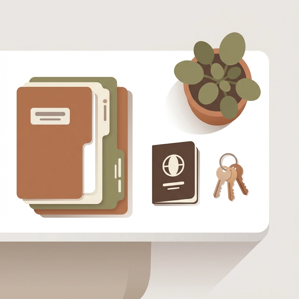 Legal business documents, passport, and keys organized on a desk, illustrating Dubai business setup preparation