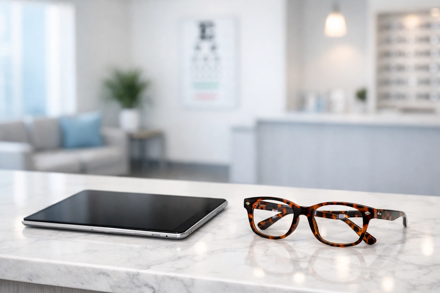 Modern digital tablet on a clinic counter symbolizing proactive optometry eligibility verification.