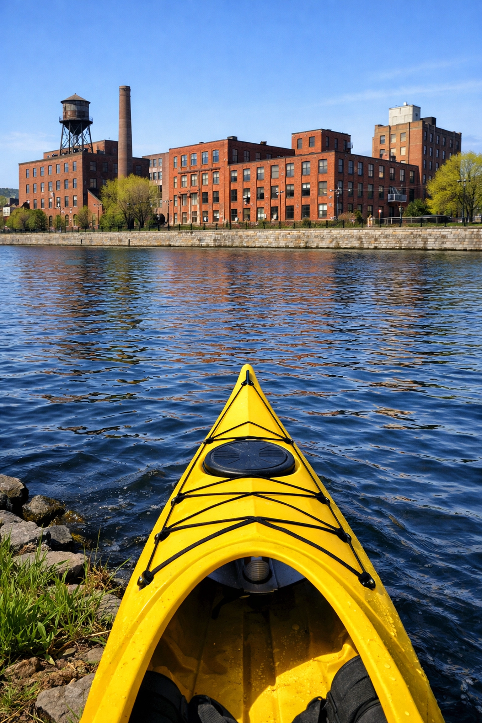 A yellow kayak on the water with historic industrial buildings along the Lachine Canal in Montreal.