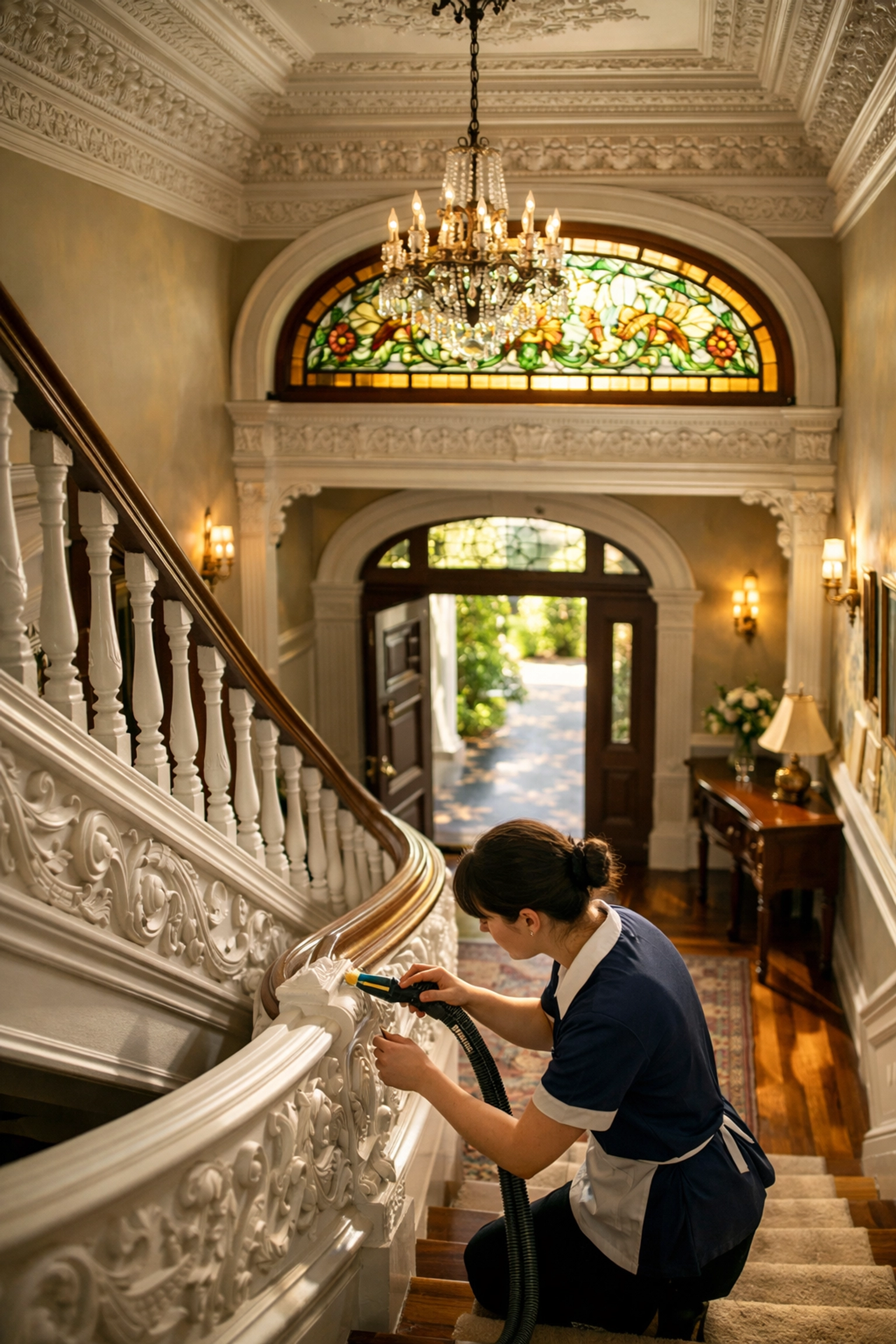A professional cleaner detailing a grand staircase in a historic Winter Park home to remove hidden allergens.